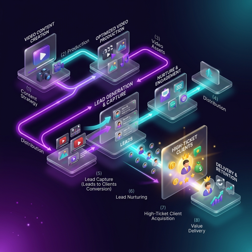 Isometric 3D Video2Client Conversion Funnel Diagram